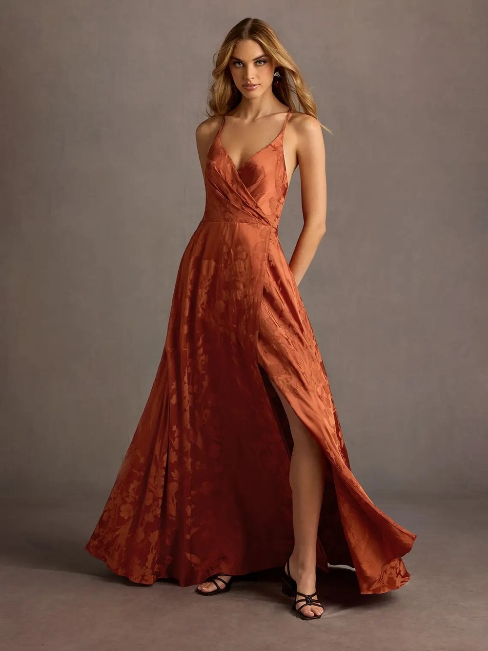 Azazie Gabrielle Rust Jacquard Satin Wrap Gown with Side Slit